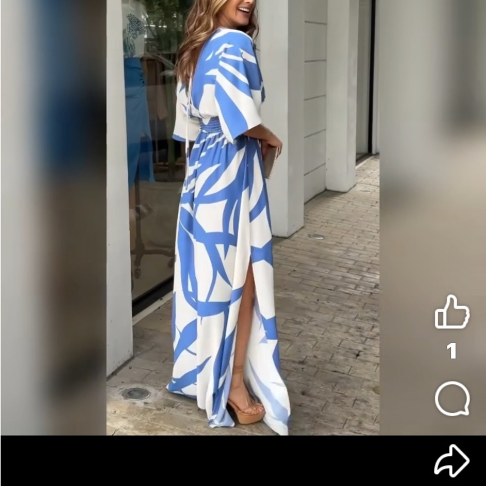 Blue and White Flutter Sleeve Wrap Maxi Dress